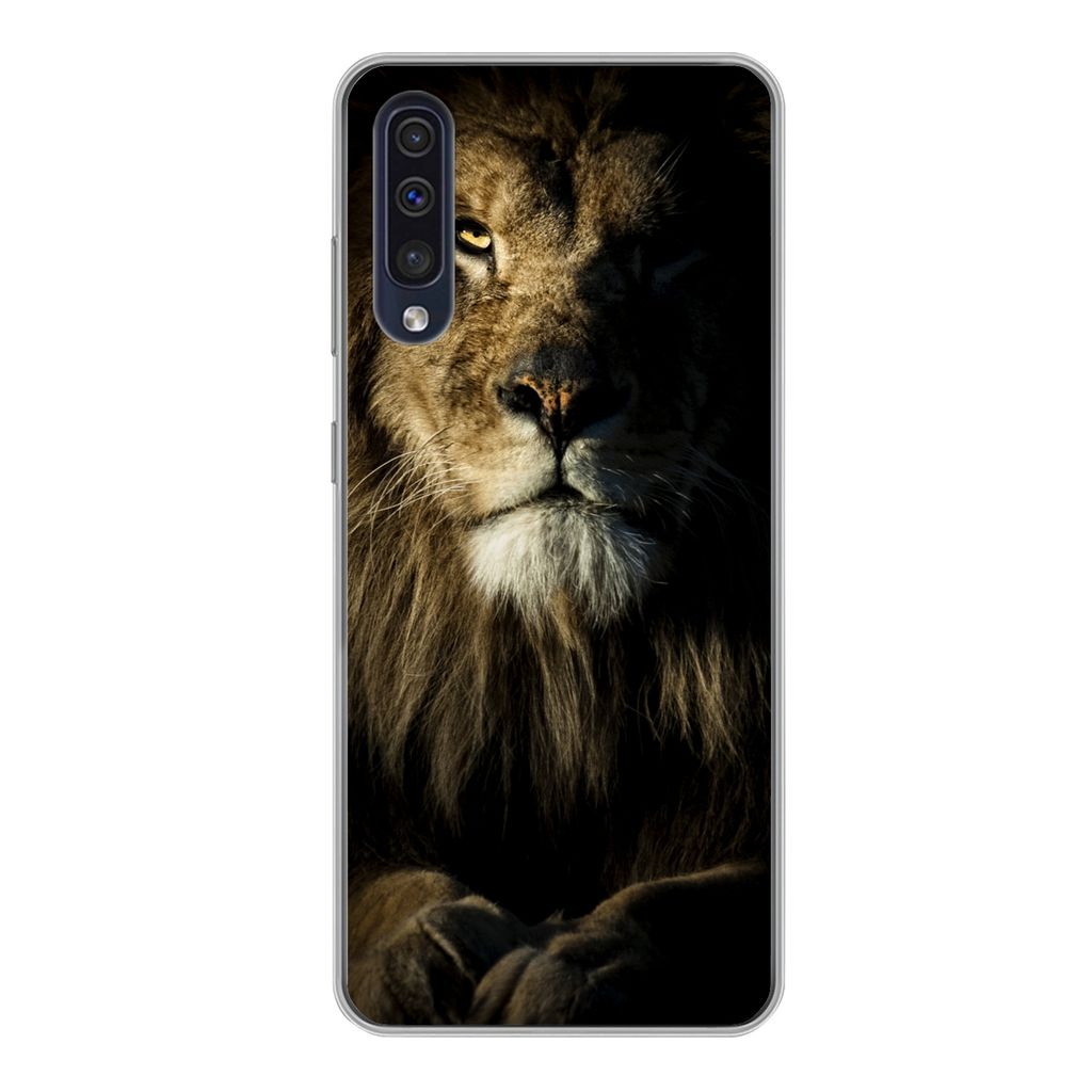 MuchoWow Handyhülle Schutzhülle Hülle für Samsung Galaxy A50 Löwe - Licht - Schwarz Silikon Softcase Handy Hülle - Mobiltelefonhülle