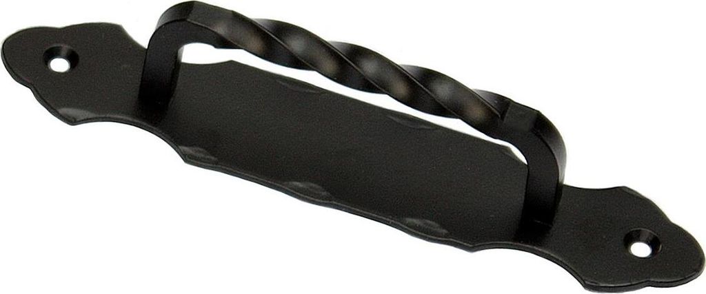 A black metal door handle with a twisted grip.