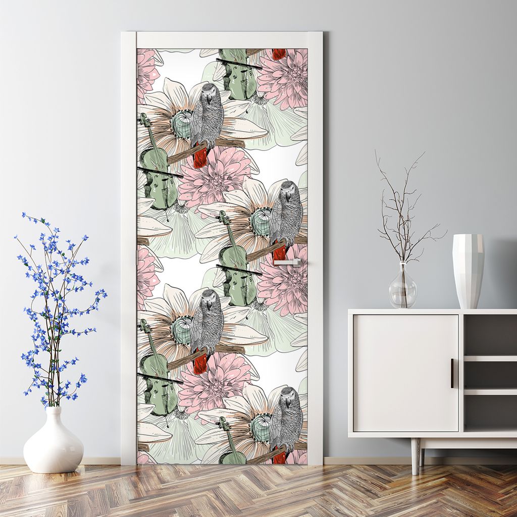Dekorative Türaufkleber selbstklebend Klebefolie Aufkleber Rote Vögel & Blumen 70 x 200 cm