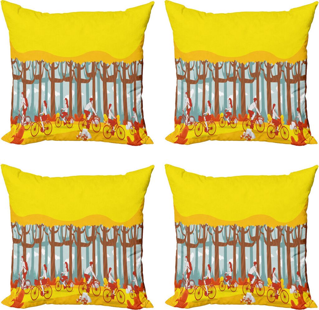 ABAKUHAUS Fahrrad Kissenbezug Set (4 Stück), Fahrrad fahren in Woodland, Moderner Doppelseitiger Digitaldruck, 60 cm x 60 cm, Gelb und Multicolor