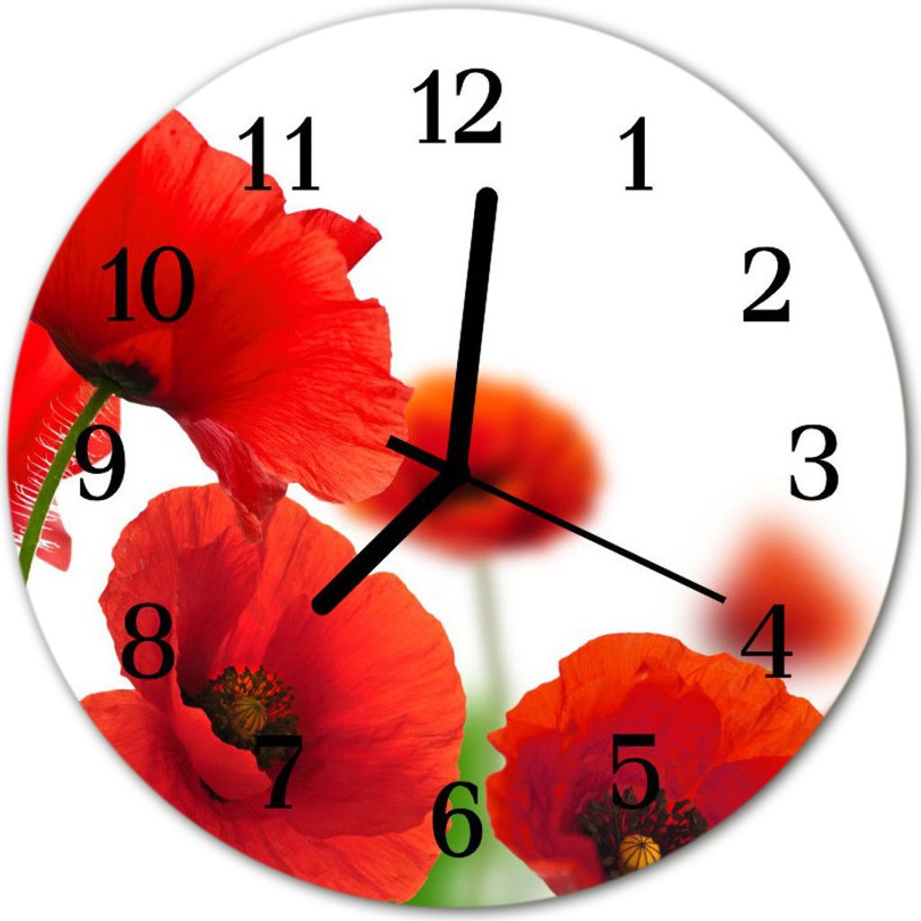 Glasuhr Wanduhr Küchenuhr Echt-Glas 30fi cm Mohnblumen rot