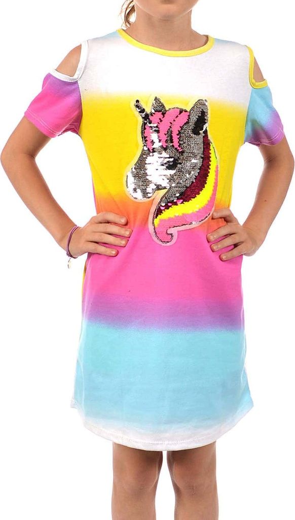 KMISSO Mädchen Kleid Wende Pailletten Einhorn-Motiv Hellblau 92