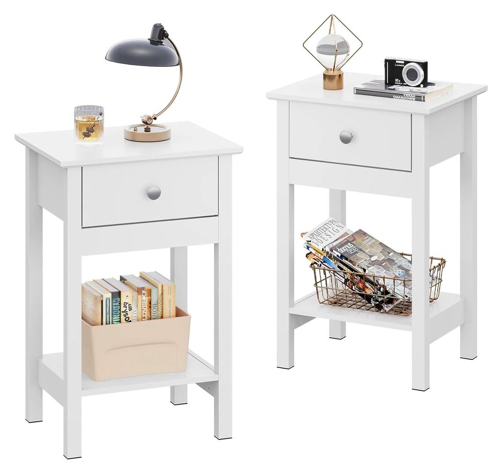 Nachttisch, Beistelltisch aus Holz mit einer Schublade und Ablage, platzsparend, geeignet für Schlafzimmer und Wohnzimmer, modern (2, Weiß)
