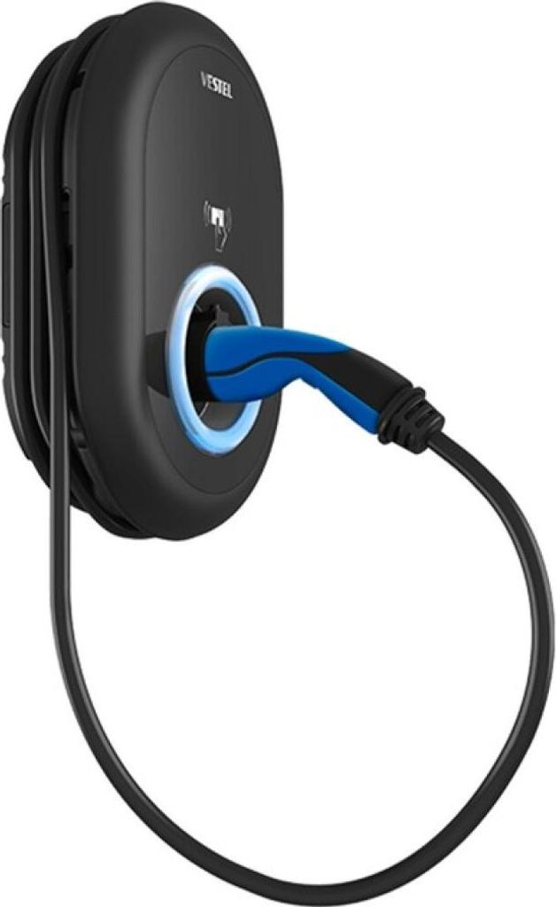A black Vestel home smart electric vehicle charging station with a blue and black charging cable plugged in.
