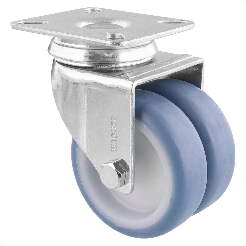 WAGNER Soft-Lenk -Doppelrolle ECO - Ø 75 mm, Stahl verzinkt, blau / weiß, Anschraubplatte, Tragkraft 100 kg - 03157701