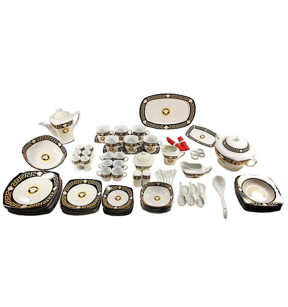 Geschirrservice für 6 Personen 84 Teile aus Hochwertigen Porzellan Essservice Tafelservice Mäander Stil