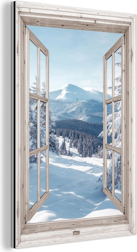 MuchoWow Wanddekoration Metall Metallbild Wandkunst 60x90 cm Durchsichtig - Winter - Landschaft - Natur - Berg - Bäume - Weiß MuchoWow Aluminium ...