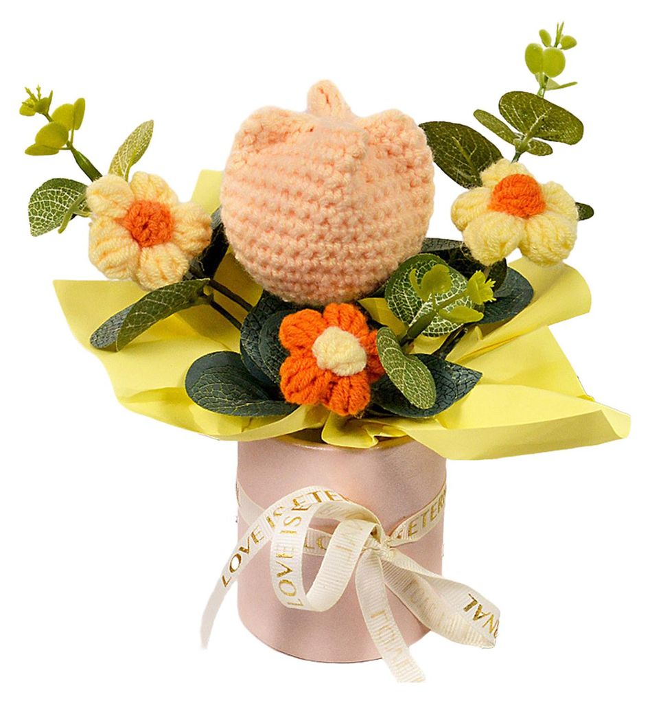 Handgehäkelter Blumenstrauß, handgefertigt, künstlich gestrickt, mit Sonnenblumen, Nelken, Tulpen und Pusteblumen – ein Geschenk für Mutter u...