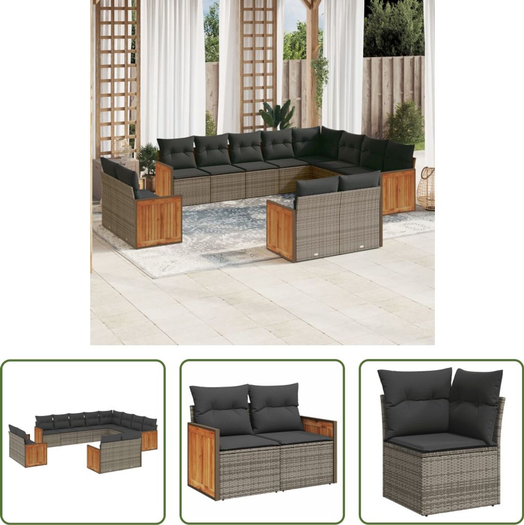 The Living Store 12-tlg. Garten-Sofagarnitur mit Kissen Grau Poly Rattan
