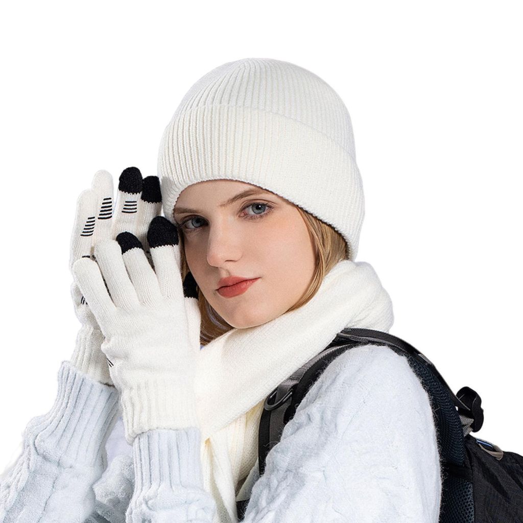 3-teiliges Set mit Beanie-Mütze und langem Schal für den Winter, Touchscreen-Handschuhe, einfarbig, warm, Strickschal, Fäustlinge, Säumen, Müt...