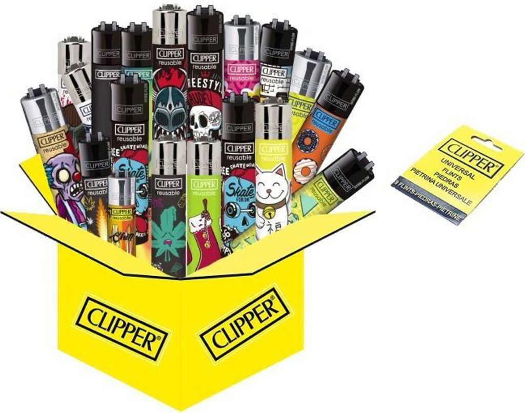 CLIPPER Wundertüte: 15 Feuerzeuge Micro + 9 Feuersteine - keine doppelten Motive!