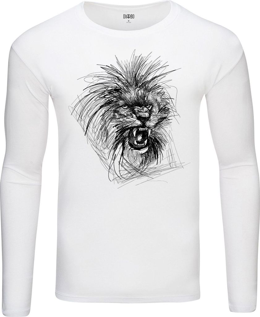 Herren Warm, Langarm-T-Shirt mit Druck Skizze des Löwen Weiß Gr.S