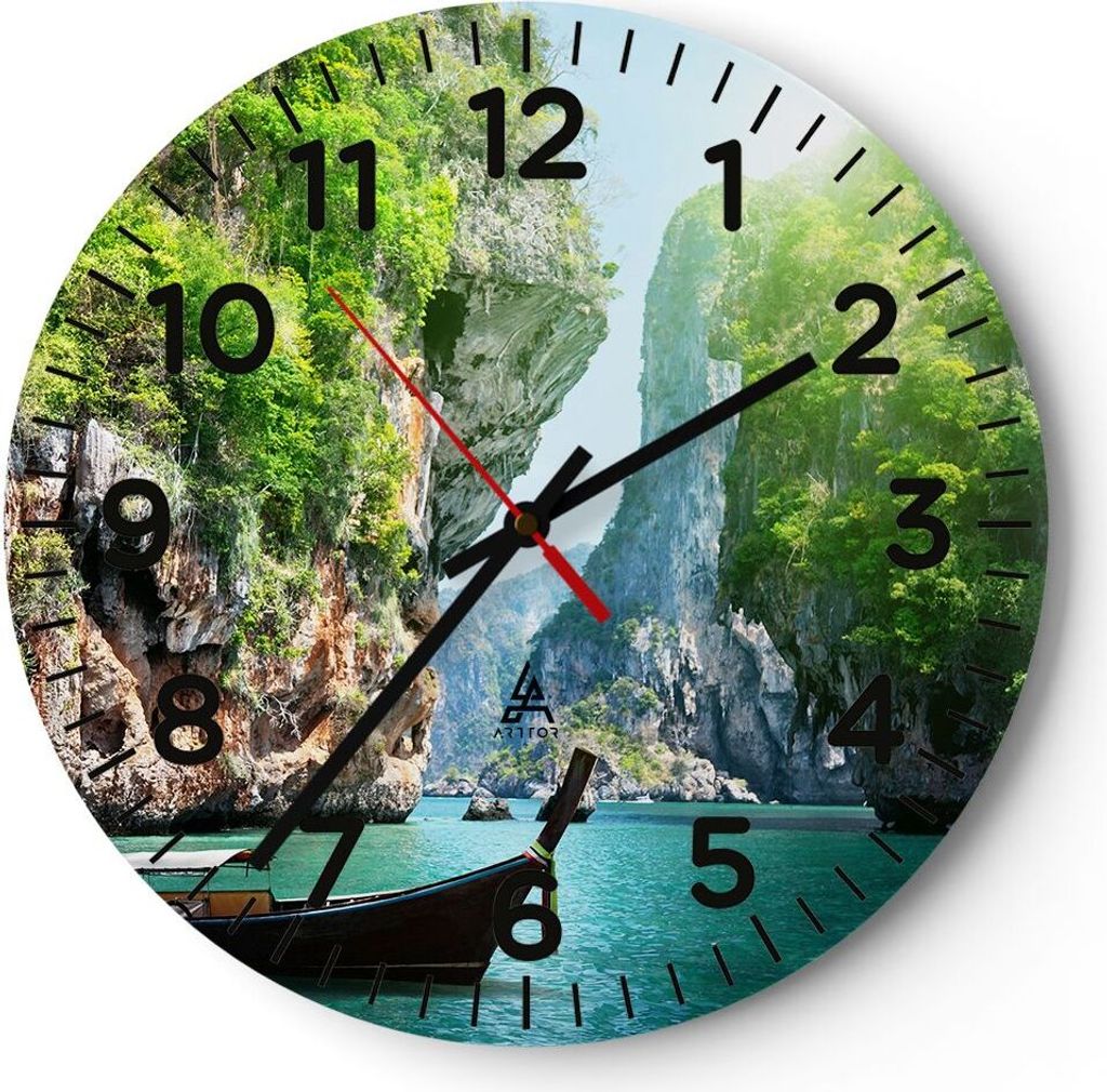 Wanduhr - Rund - Glasuhr - Boot Klippen Natur Felsen - 30x30cm - Schleichendes Uhrwerk - Lautlos - zum Aufhängen bereit - Dekoration Modern - Wand...