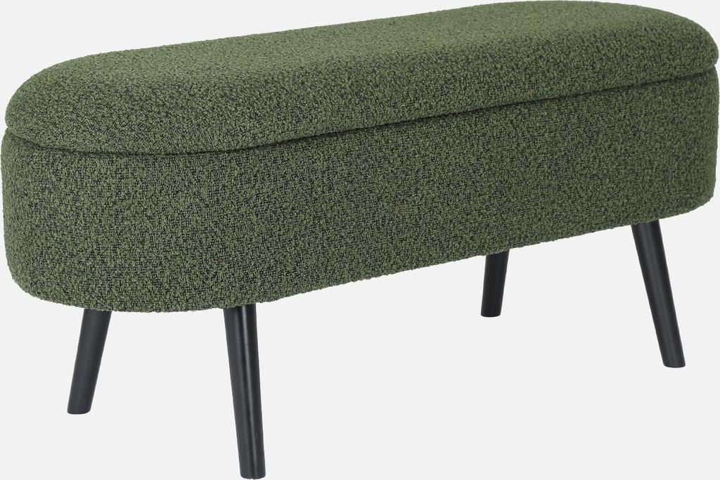 A product shot of a green storage bench with black legs against a white background.
