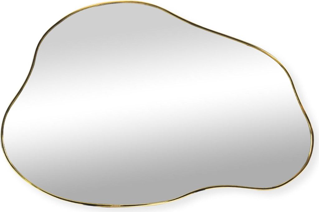 A mirror with an organic, asymmetrical shape and a gold frame.