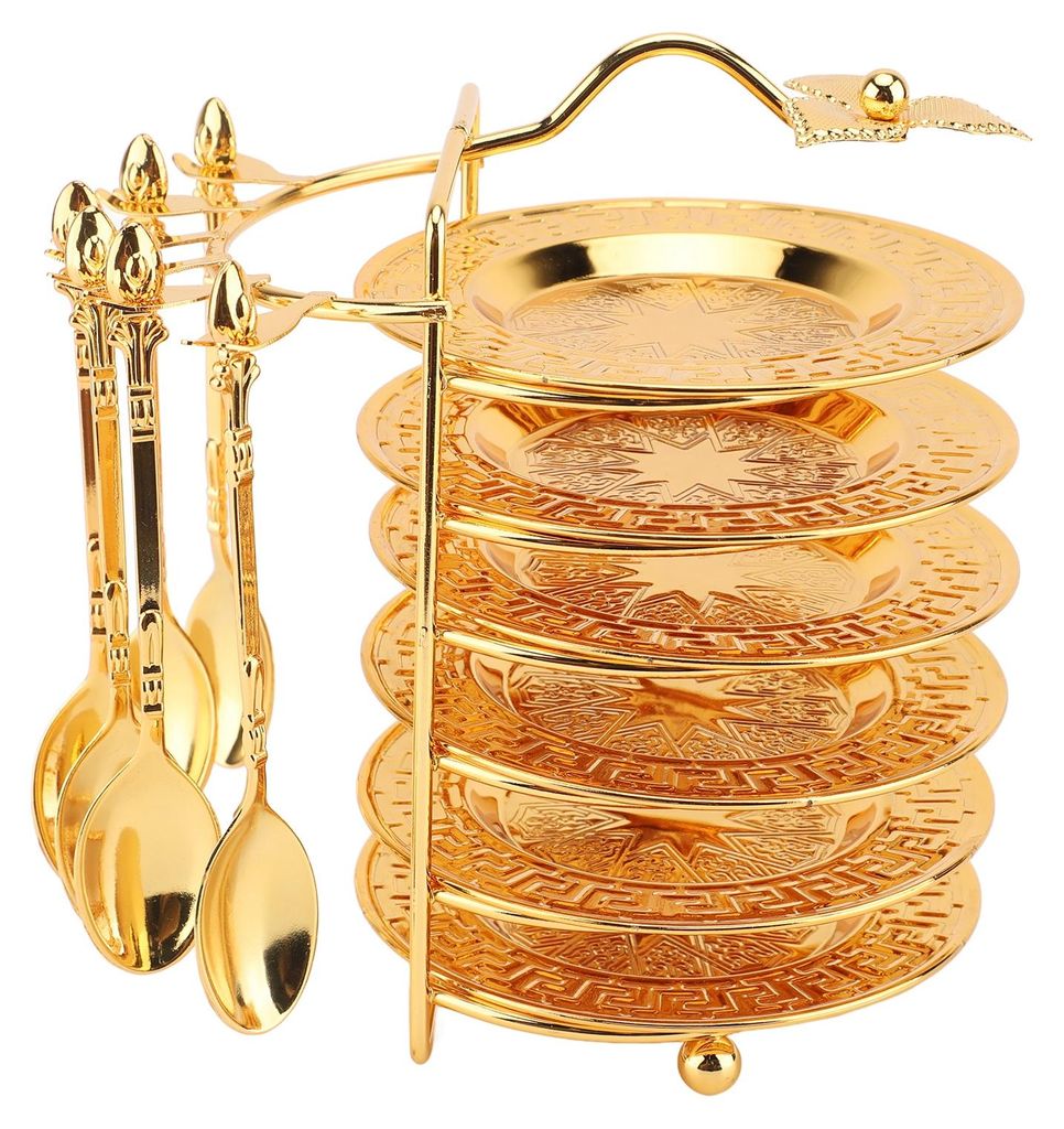 Teller- und Löffelset mit Aufbewahrungsständer, 6 Tabletts und 6 Löffel, europäisches Metallbesteck-Set für Steaks, Obst, Snacks und Kuchen, T...