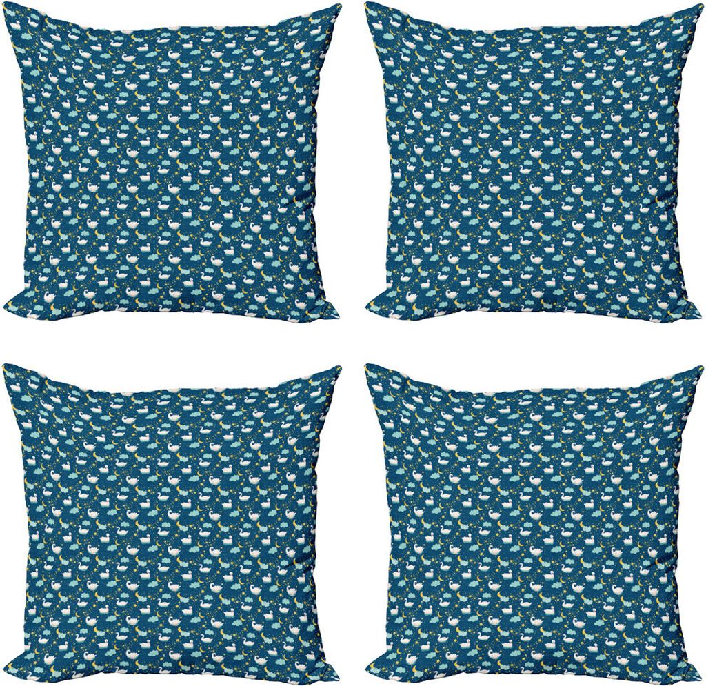 ABAKUHAUS Swans Kissenbezug Set (4 Stück), Wasservögel bei Night Star, Moderner Doppelseitiger Digitaldruck, 50 cm x 50 cm, Petrol Blau Multicolor