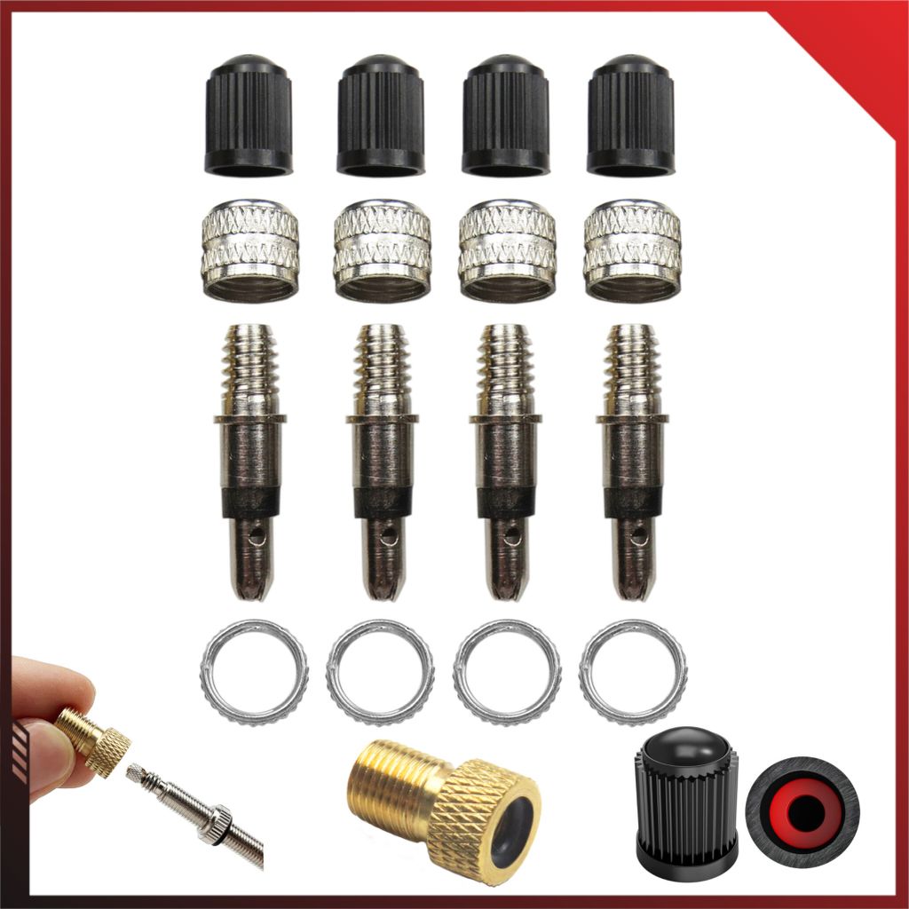 A collection of tire valve stems and caps for bicycles or cars.