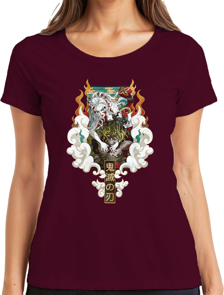 鬼滅の刃 Daki Gyutaro Dämonen Zwillinge Fan Geschenk Anime Manga Damen T-Shirt, Burgundy, M