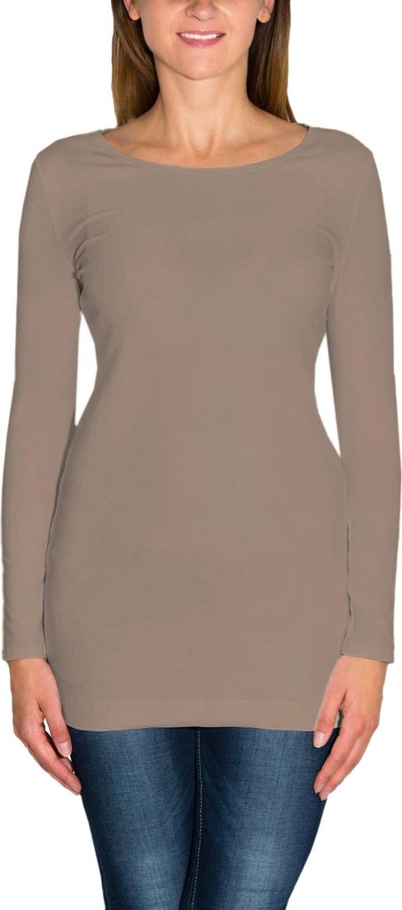 Alkato Damen Langarm Longshirt Langarmshirt Tunika Basic Shirt, Farbe: Beige Latte, Größe: XXL