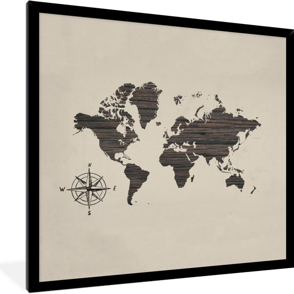 MuchoWow MuchoWow Gerahmtes Poster Weltkarte - Holz - Kompass 40x40 cm - Poster mit zchwarzem Bilderrahmen - Mit Rahmen - Wanddekoration Schlaf...