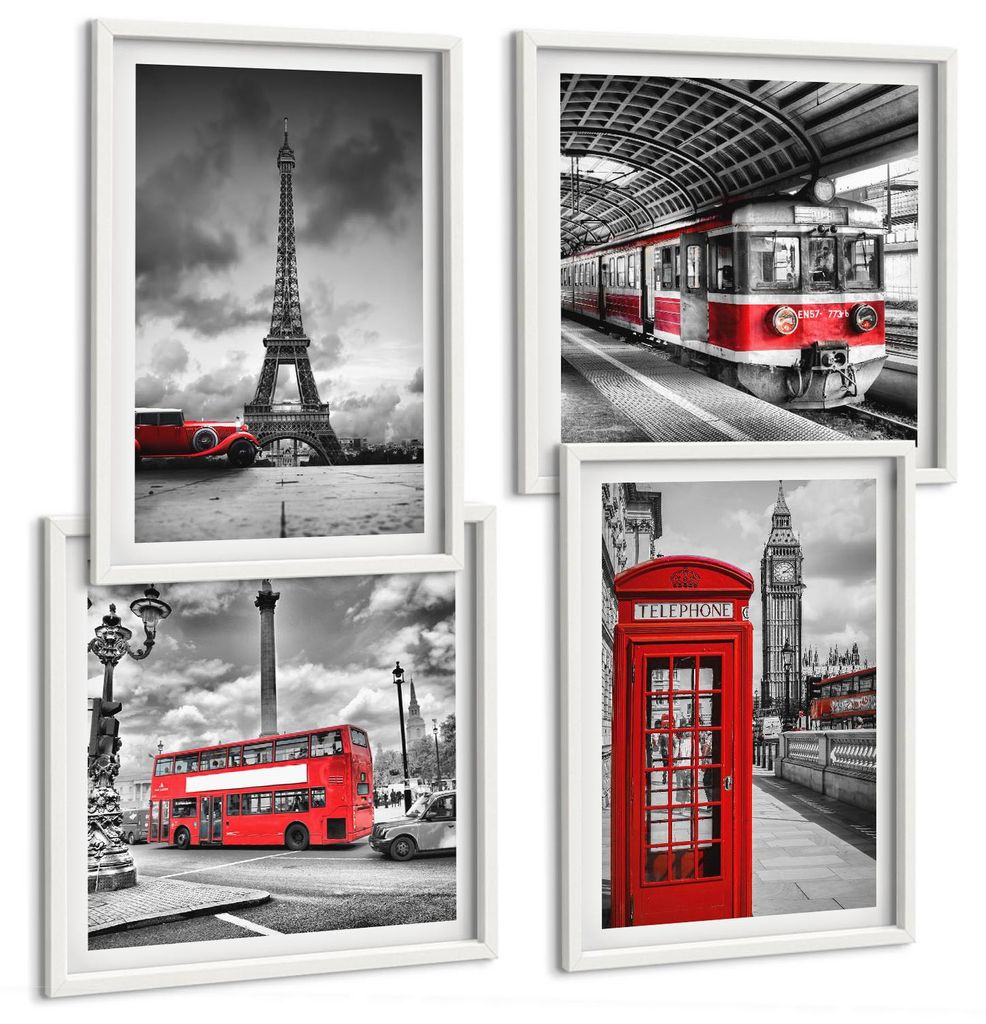 Bilder Set 4-teilig im weißen Rahmen – Wandbilder 4 Stück – gerahmte Poster für Wohnzimmer, Schlafzimmer und Flur – 50x50 cm - 40x60 cm ...