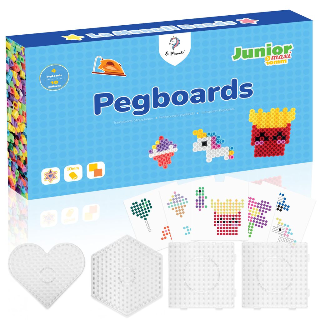 La Manuli Große Bügelperlen Platten 10mm - 4 Stück XL Steckplatten und 10 Bunte Vorlagen für Kinder ab 3 Jahren, Set mit 2 sicheren, transparen...