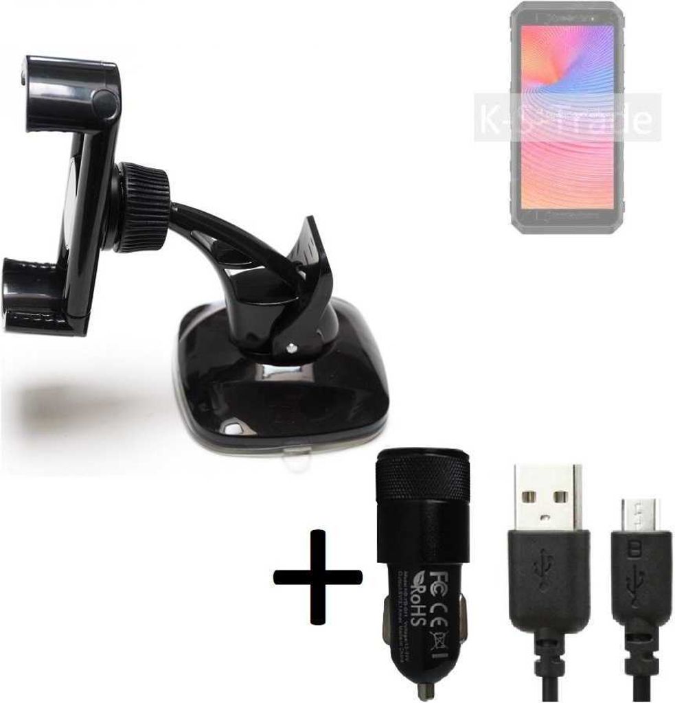 K-S-Trade Halterung kompatibel mit Ulefone Power Armor X11 Pro Windschutzscheibe / Armaturenbrett + LADEGERÄT mit Mico USB Kabel Autohalterung KFZ
