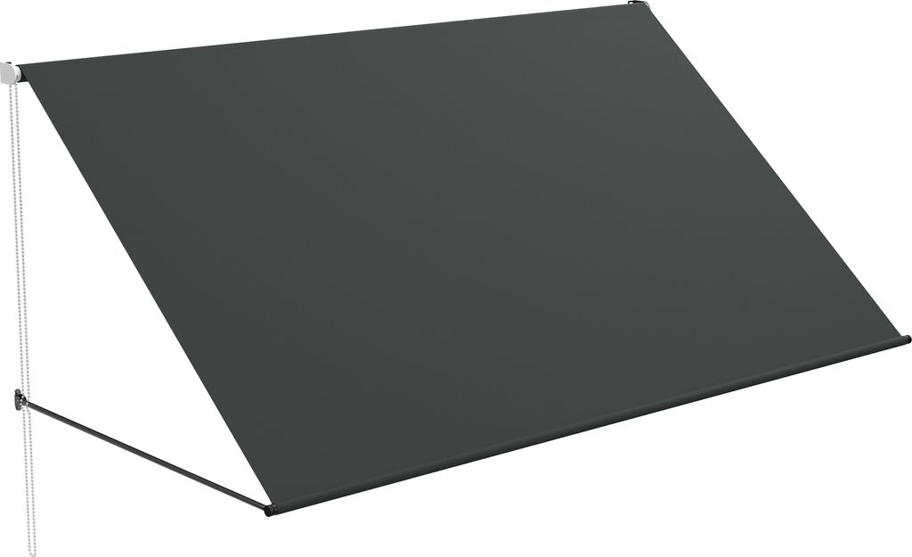 A dark gray retractable awning is mounted on a white pole against a white background.