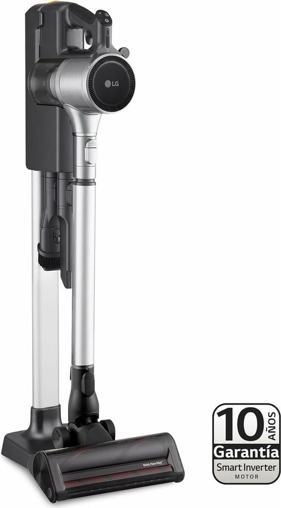 A cordless vacuum cleaner is shown standing upright against a white background.