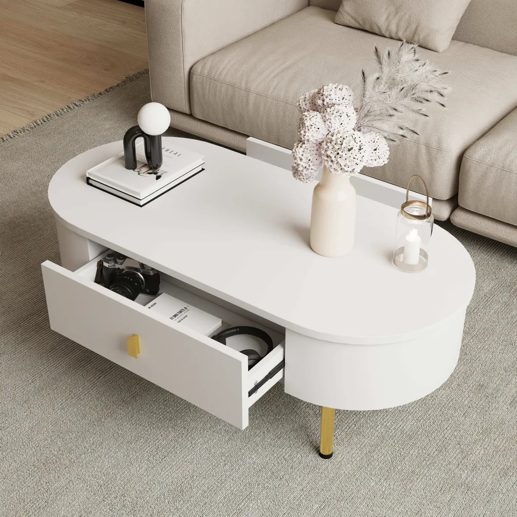 Table Basse de Salon Anti-Désordre avec Tiroirs et Pieds Or - Blanc
