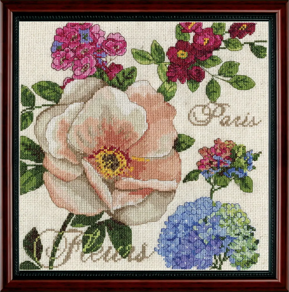 Kit broderie fleurs Paris point de croix avec fils et toile Aida