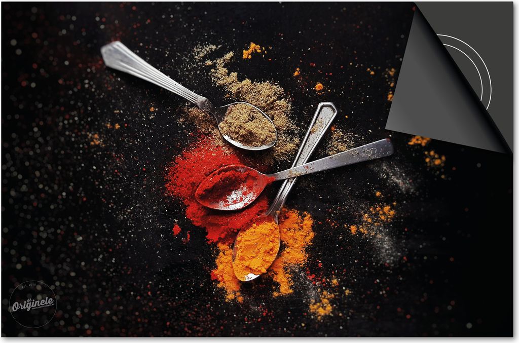 Induktionsschutz 71x52 - abdeckplatte Induktion matt- Dietrix Kochfeldschutz- Exklusive - Gewürze und Löffel - Rode, Orange Kräuter auf 3 Löffels