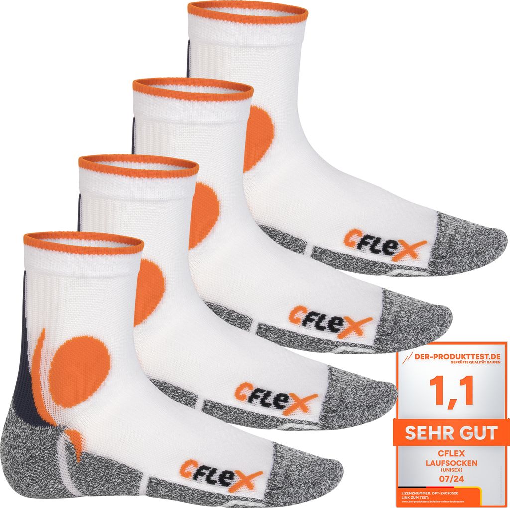 CFLEX Damen und Herren Running Funktions-Socken (4 Paar) Laufsocken - Weiss-Orange 35-38
