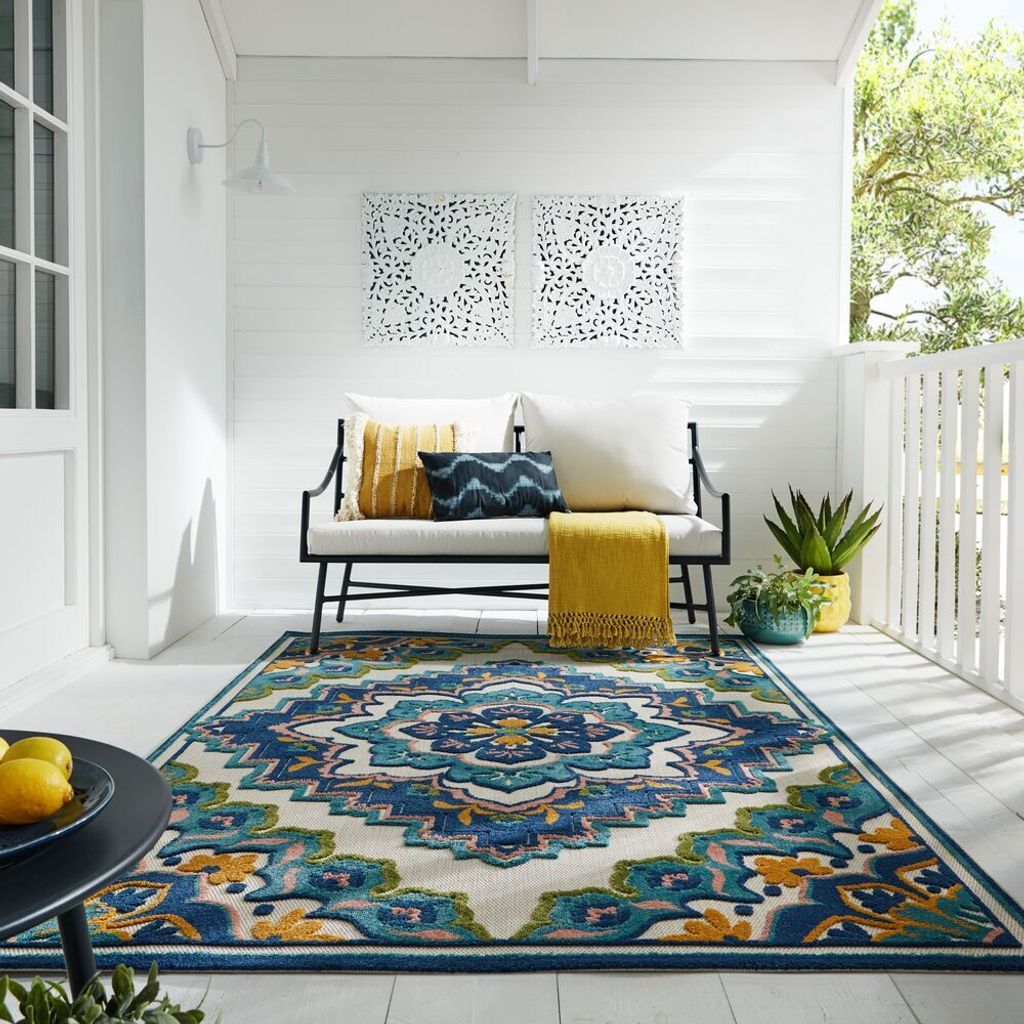 Superweich Floral Outdoor-Teppich in Blau - "Marden". 200x290 cm | Kadima Design