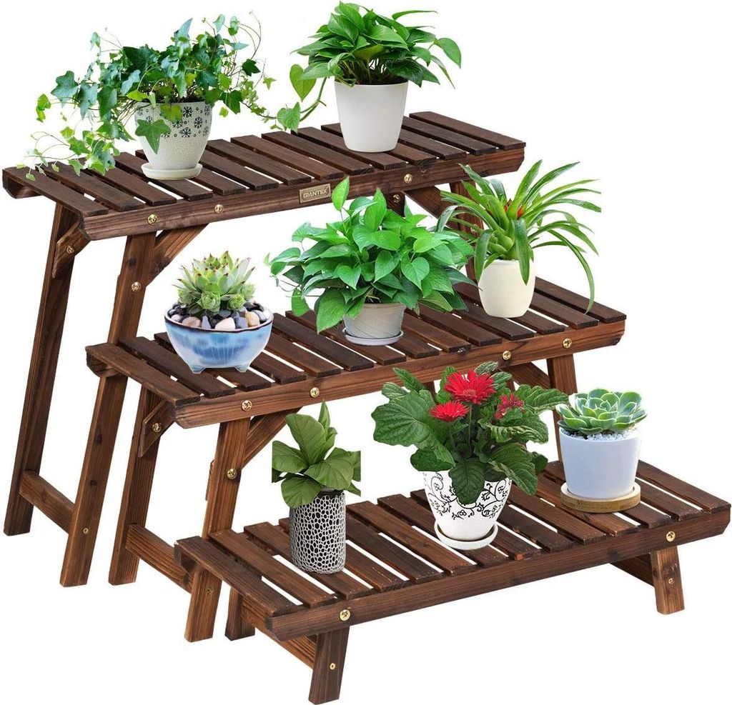 KOMFOTTEU 3 teiliger Pflanzenständer, Blumentreppe aus Holz, mehrstöckige Blumenregale, Blumenleiter mit klassischem Design, abnehmbares Pflanzen...