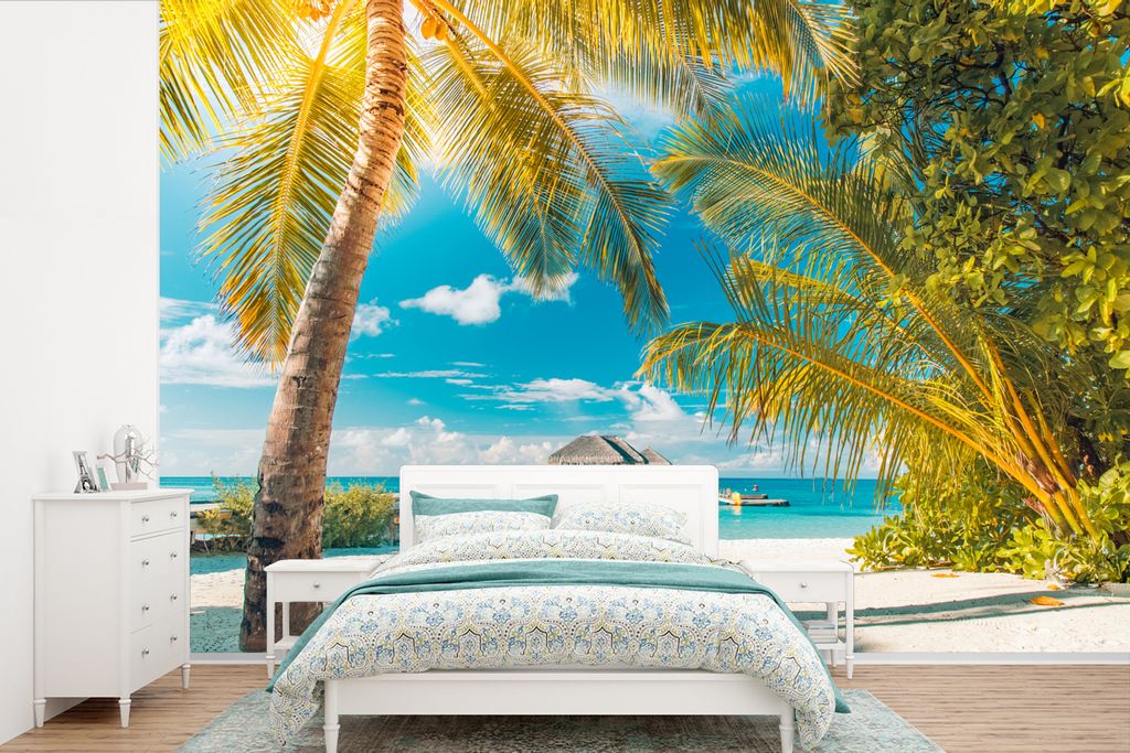 MuchoWow Fototapete für Wohnzimmer oder Schlafzimmer Wandtapete Vinyl Motivtapete Tropisch - Strand - Palme - 600x400 cm - Vinyltapeten