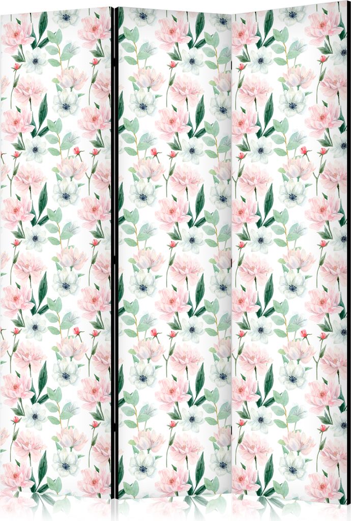 3-teiliger Doppelseitiger Vlies Paravent - Peonies - Pink and White Flowers and Green Leaves on a White Background 135x172 cm Blumen b-B-10450-z-a