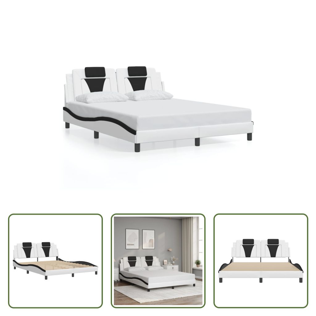 The Living Store Bettgestell mit Kopfteil Weiß und Schwarz 160x200 cm Kunstleder