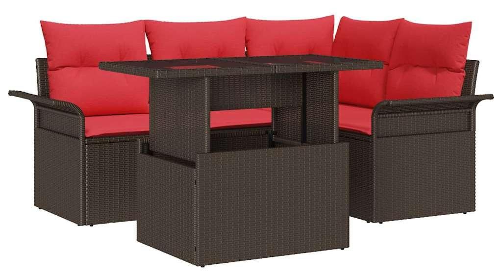Gartensofa-set mit Kissen mit Speicher 5 pcs Braun Poly Rattan