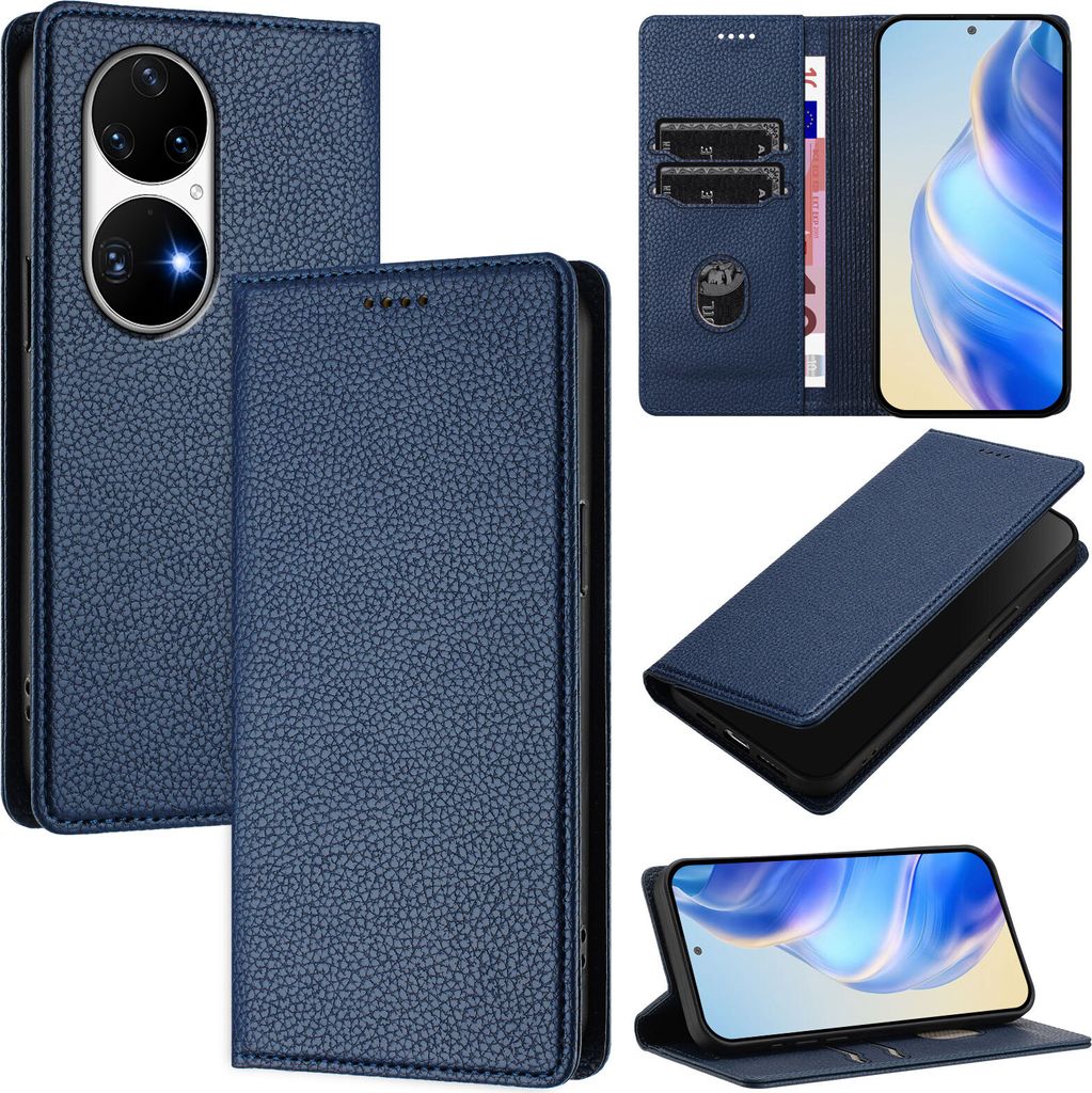 Litchi Leder Handyhülle für Huawei P50 Pro Wallet Kartenfächer Standfunktion Hülle Blau