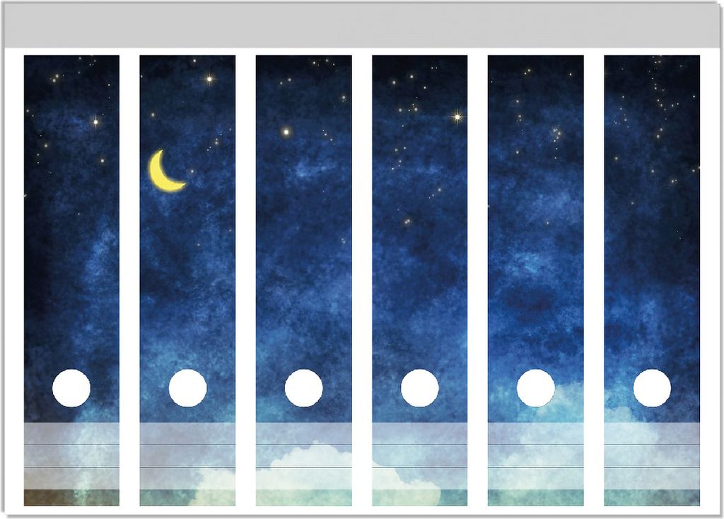 Wallario Ordnerrücken Sticker, selbstklebend für breite Ordner, 6 Stück, Motiv Wolkenhimmel mit Mond und Sternen