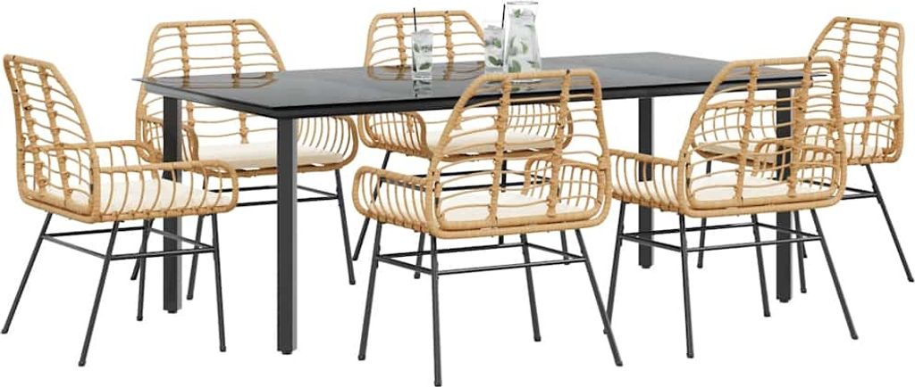 7-tlg. Garten-Essgruppe mit Kissen Braun Poly Rattan Glas