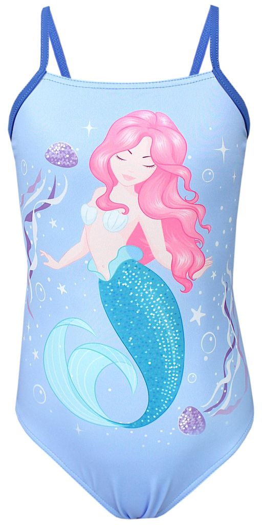 Aquarti Mädchen Badeanzug mit Spaghettiträgern Streifen, Farbe: Meerjungfrau im Wasser Blau/Pink/Türkis, Größe: 128