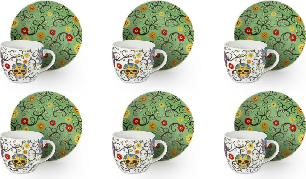 Excelsa Set mit 6 Espressotassen mit Untertassen Calavera Porzellan 7 cl Bunt