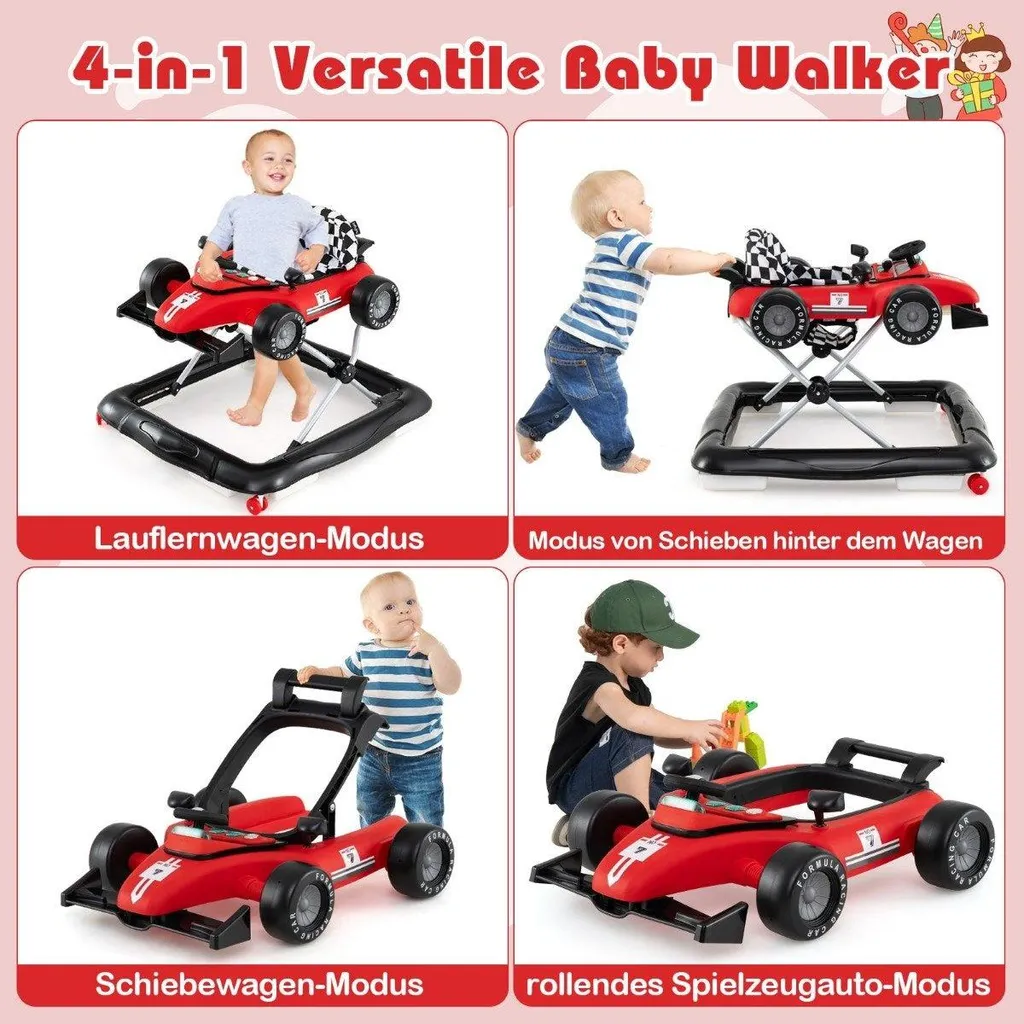 Trotteur bébé évolutif 4 en 1 voiture rouge avec tableau d'activités