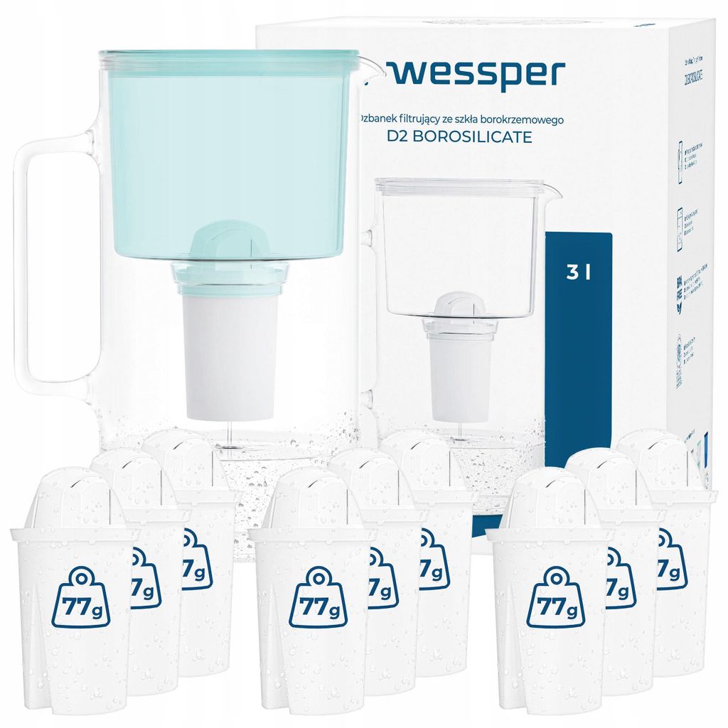 Wessper D2 BOROSILICATE Wasserfilterkanne 3 L Minze – Glasfilterkanne mit 10 AquaClassic Filter, BPA-frei