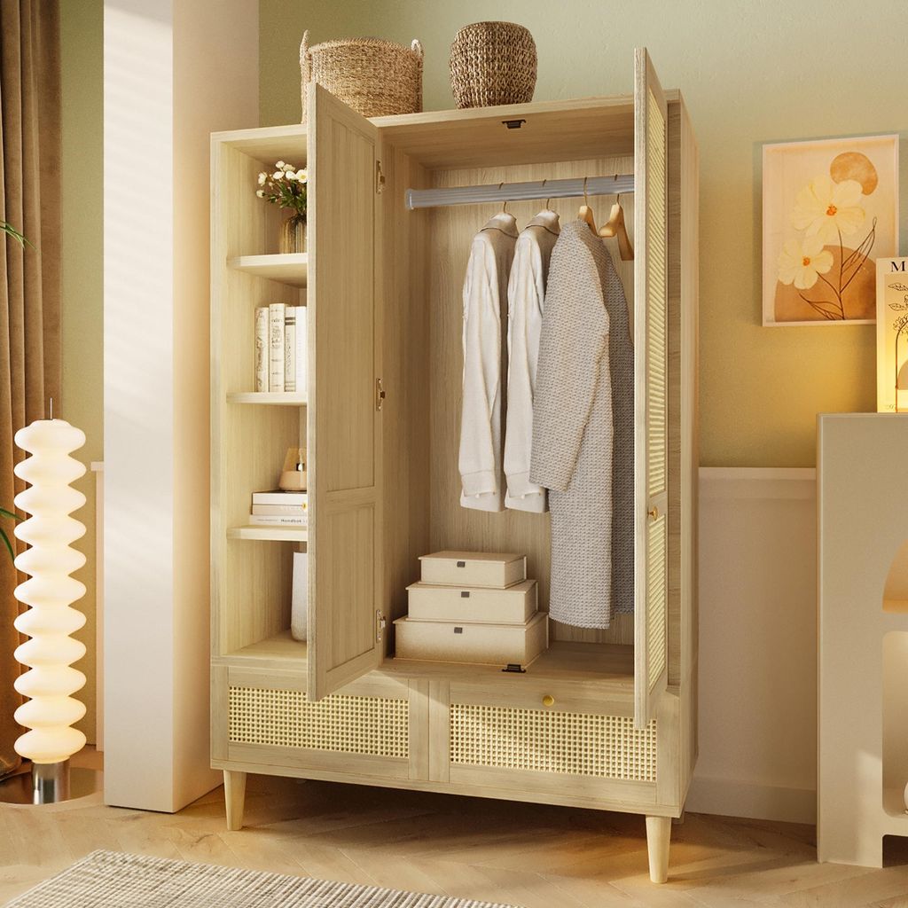 MODFU Kleiderschrank mit 2 Türen und Rattan‐Flechten,Aufbewahrungsschrank mit 2 Schubladen und offene Ablage,Schrank mit Kleiderstange,Eiche