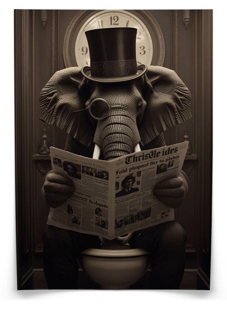 Muralo Poster für WC Badezimmer ELEFANT in Toilette Retro Zeitung Abstraktion 20x30cm