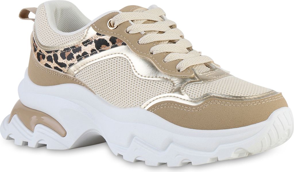 VAN HILL Damen Plateau Sneaker Schnürer Metallic Profil-Sohle Schuhe 841536, Farbe: Khaki Leopard Metallic, Größe: 41